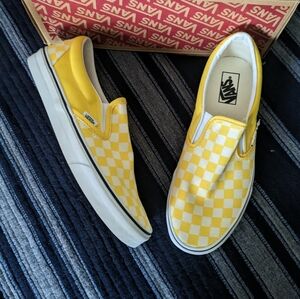 VANS Classic Slip On Yellow White Men Checkered Canvas Skate Shoes